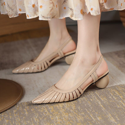 Round Heels Women's Sandals Genuine Leather Pointed Toe Summer Shoes For Women Slingbacks Nude Black Party Shoes Ladies Big Size