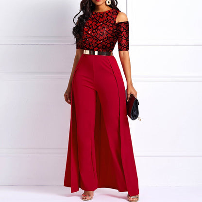 Women's Long Jumpsuits Straight Plain Swallowtail Elegant Formal Party Royal Blue Red Black Ladies Wide Leg Jumpsuits Rompers Work