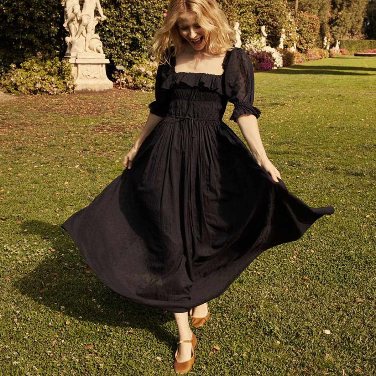 Ruffles Trim Elegant Long Dress Women Summer  Autumn Half Sleeve Low cut Sexy Dress Ladies Casual High Waist Pleated Midi Dress