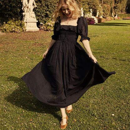 Ruffles Trim Elegant Long Dress Women Summer  Autumn Half Sleeve Low cut Sexy Dress Ladies Casual High Waist Pleated Midi Dress