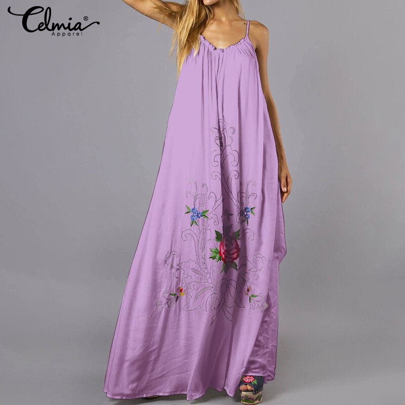 S 5XL Celmia Sexy Straps Bohemian Dress Women Backless Casual Loose Flower Print Long Dress 2019 Summer Beach Party Maxi Vestido