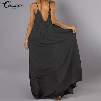 S 5XL Celmia Sexy Straps Bohemian Dress Women Backless Casual Loose Flower Print Long Dress 2019 Summer Beach Party Maxi Vestido