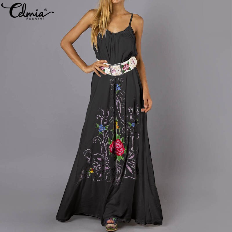S 5XL Celmia Sexy Straps Bohemian Dress Women Backless Casual Loose Flower Print Long Dress 2019 Summer Beach Party Maxi Vestido