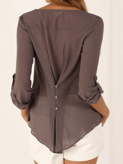 S-5XL Women Deep V Neck Shirts 2019 Summer button long sleeve ladies tops chiffon shirts solid elegant Top Black casual Blouses
