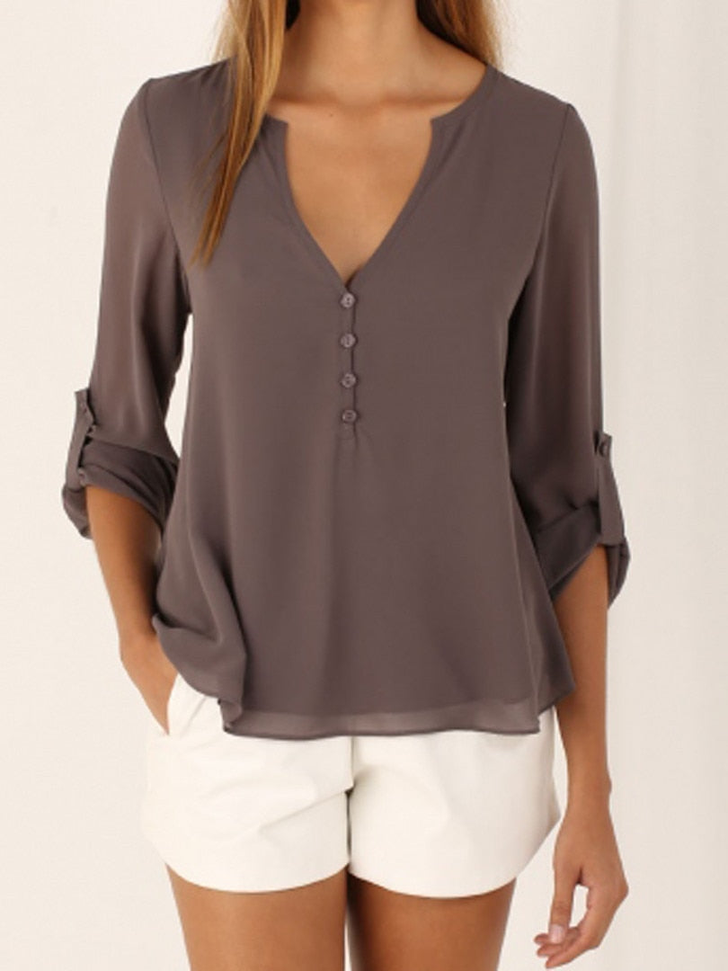 S-5XL Women Deep V Neck Shirts 2019 Summer button long sleeve ladies tops chiffon shirts solid elegant Top Black casual Blouses