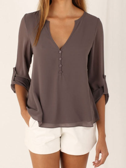 S-5XL Women Deep V Neck Shirts 2019 Summer button long sleeve ladies tops chiffon shirts solid elegant Top Black casual Blouses