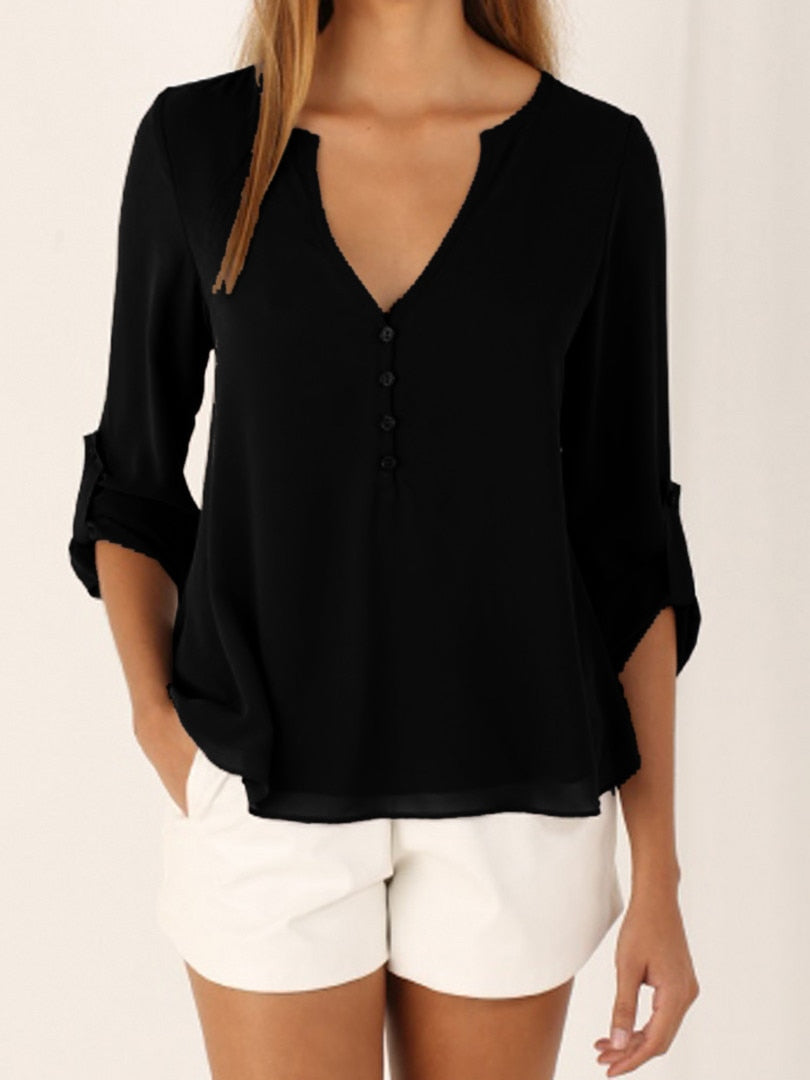 S-5XL Women Deep V Neck Shirts 2019 Summer button long sleeve ladies tops chiffon shirts solid elegant Top Black casual Blouses