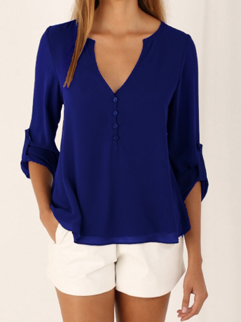 S-5XL Women Deep V Neck Shirts 2019 Summer button long sleeve ladies tops chiffon shirts solid elegant Top Black casual Blouses