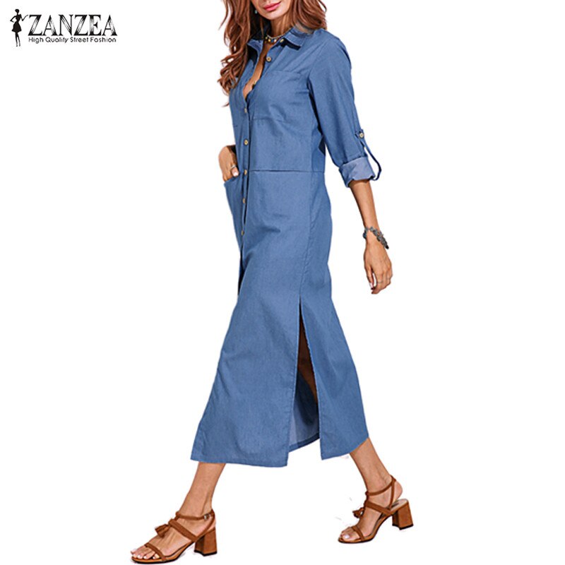 S 5XL ZANZEA 2019 Spring Fashion Denim Blue Dress  Women Casual Lapel Long Sleeve Long Shirt Vestido Elegant Work OL Sundress