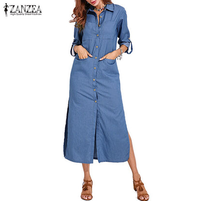 S 5XL ZANZEA 2019 Spring Fashion Denim Blue Dress  Women Casual Lapel Long Sleeve Long Shirt Vestido Elegant Work OL Sundress