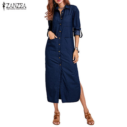 S 5XL ZANZEA 2019 Spring Fashion Denim Blue Dress  Women Casual Lapel Long Sleeve Long Shirt Vestido Elegant Work OL Sundress