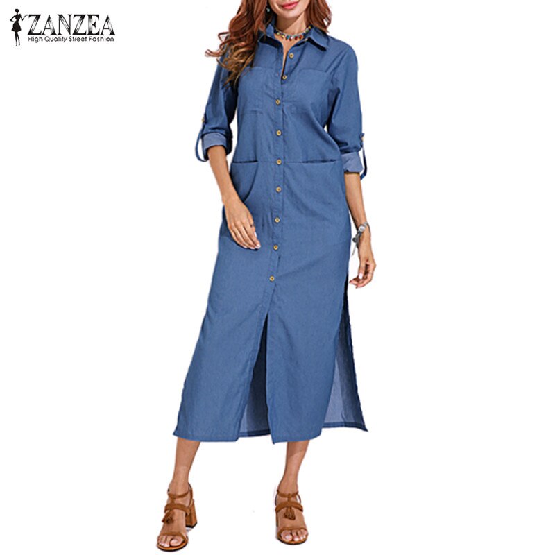 S 5XL ZANZEA 2019 Spring Fashion Denim Blue Dress  Women Casual Lapel Long Sleeve Long Shirt Vestido Elegant Work OL Sundress