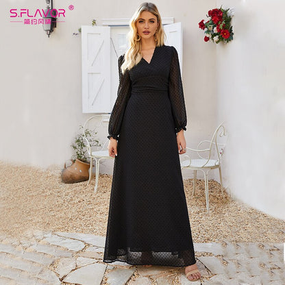 S.FLAVOR 2020 Spring Black Chiffon Long Dress Bohemian V neck Maxi Boho Dress For Femme Women V neck Sexy Party Vestidos