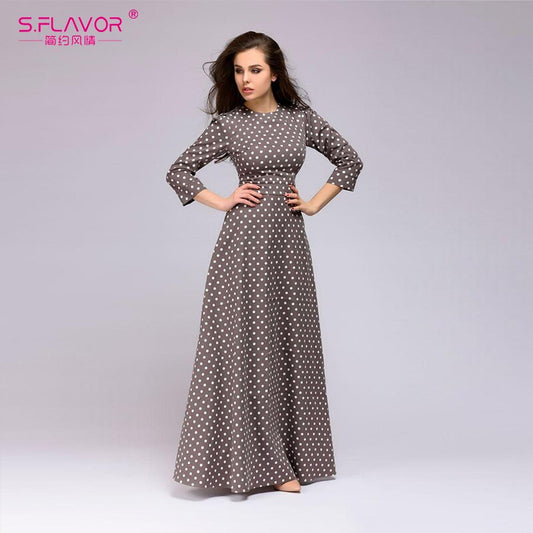 S.FLAVOR 2020 Dress Retro Wave Point Long Dress Women vintage style O neck 3/4 sleeve Elegant vestidos