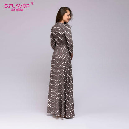 S.FLAVOR 2020 Dress Retro Wave Point Long Dress Women vintage style O neck 3/4 sleeve Elegant vestidos