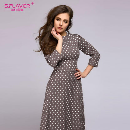 S.FLAVOR 2020 Dress Retro Wave Point Long Dress Women vintage style O neck 3/4 sleeve Elegant vestidos