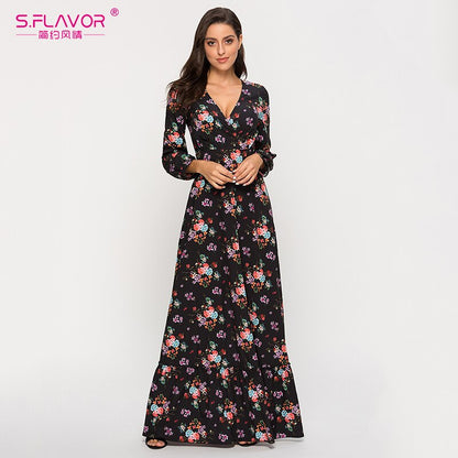 S.FLAVOR 2020 Summer Women Bohemian Long Dress Sexy Deeply V neck Printing Maxi Vestidos De Women Summer Boho Beach Dresses