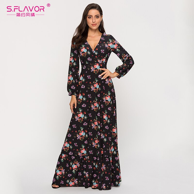 S.FLAVOR 2020 Summer Women Bohemian Long Dress Sexy Deeply V neck Printing Maxi Vestidos De Women Summer Boho Beach Dresses