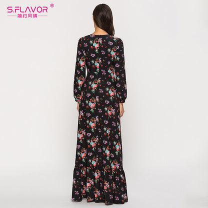 S.FLAVOR 2020 Summer Women Bohemian Long Dress Sexy Deeply V neck Printing Maxi Vestidos De Women Summer Boho Beach Dresses
