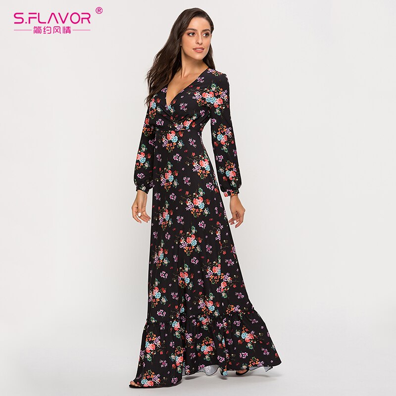 S.FLAVOR 2020 Summer Women Bohemian Long Dress Sexy Deeply V neck Printing Maxi Vestidos De Women Summer Boho Beach Dresses