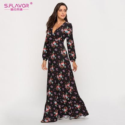 S.FLAVOR 2020 Summer Women Bohemian Long Dress Sexy Deeply V neck Printing Maxi Vestidos De Women Summer Boho Beach Dresses
