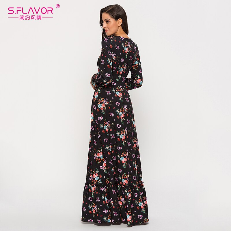 S.FLAVOR 2020 Summer Women Bohemian Long Dress Sexy Deeply V neck Printing Maxi Vestidos De Women Summer Boho Beach Dresses