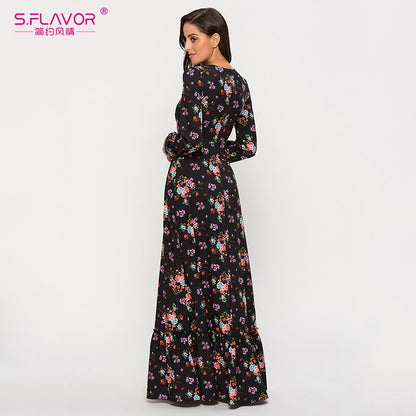 S.FLAVOR 2020 Summer Women Bohemian Long Dress Sexy Deeply V neck Printing Maxi Vestidos De Women Summer Boho Beach Dresses