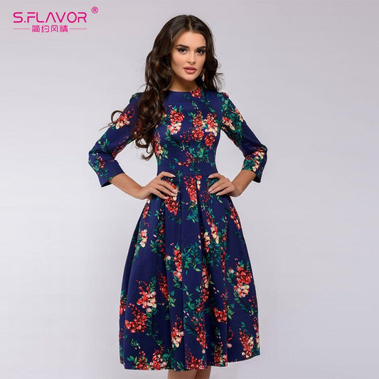 S.FLAVOR Elegant Women A-line Dress New Style Flower printing Draped Midi Dress Women Casual Spring Summer Vestidos