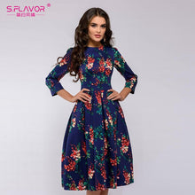 Load image into Gallery viewer, S.FLAVOR Elegant Women A-line Dress New Style Flower printing Draped Midi Dress Women Casual Spring Summer Vestidos
