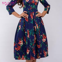 Load image into Gallery viewer, S.FLAVOR Elegant Women A-line Dress New Style Flower printing Draped Midi Dress Women Casual Spring Summer Vestidos
