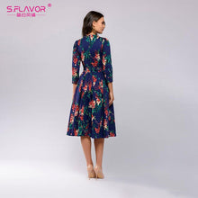 Load image into Gallery viewer, S.FLAVOR Elegant Women A-line Dress New Style Flower printing Draped Midi Dress Women Casual Spring Summer Vestidos
