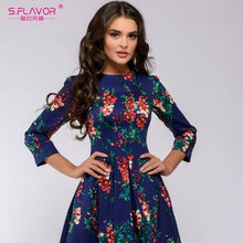 Load image into Gallery viewer, S.FLAVOR Elegant Women A-line Dress New Style Flower printing Draped Midi Dress Women Casual Spring Summer Vestidos
