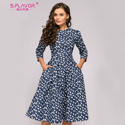 S.FLAVOR French Style Vintage Dress For Women Elegant Floral Printed Slim Spring A line Vestidos Classic Women Summer Dresses