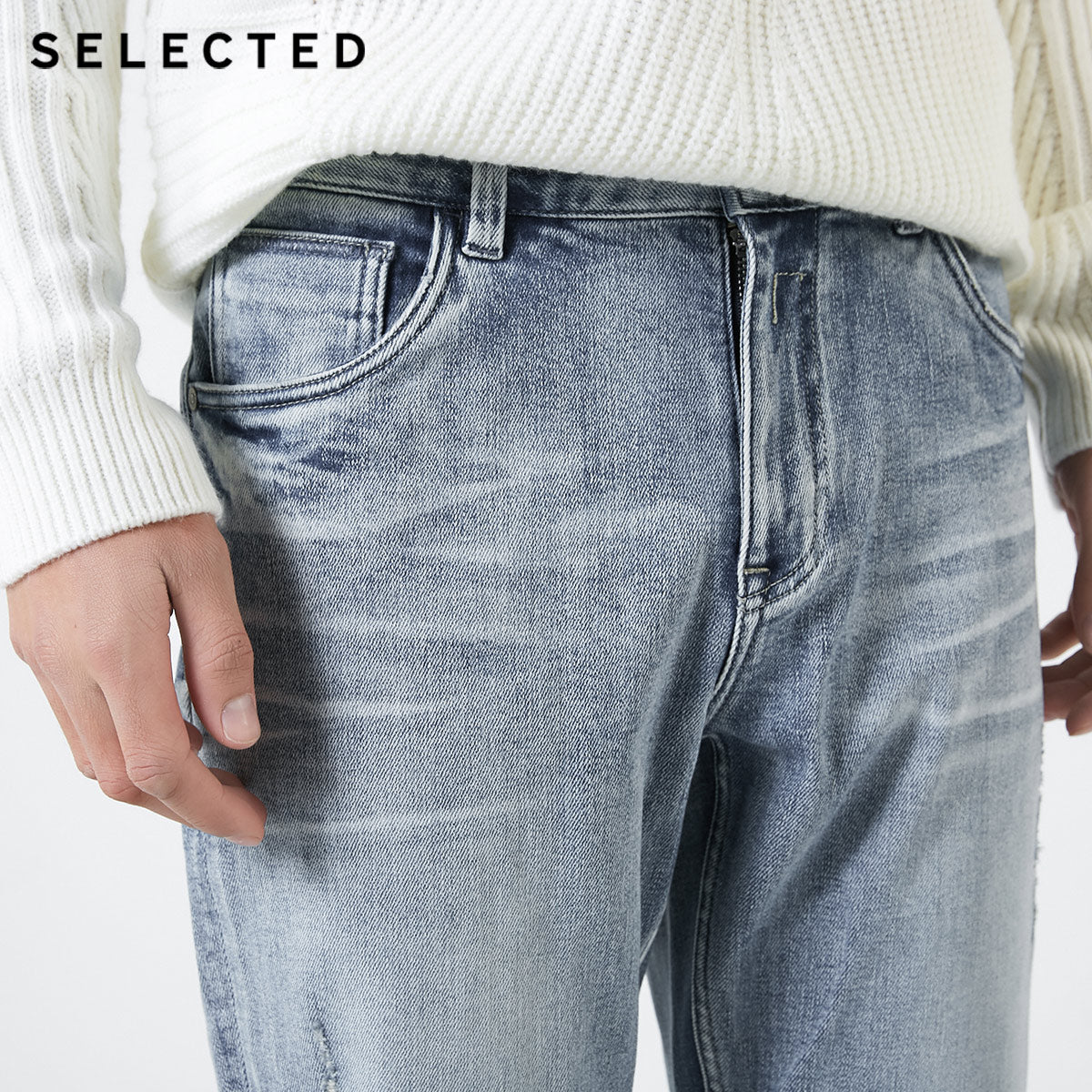 SELECTED Men's Cotton-blend Denim Pants Lycra Slight Stretch Fading Jeans C|419132504