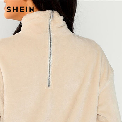 SHEIN Apricot Modern Lady Elegant High Neck Faux Fur Belted Solid Pullover Sweatshirt Winter Minimalist Casual Women Sweatshirts