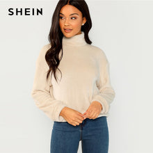 將圖片載入圖庫檢視器 SHEIN Apricot Modern Lady Elegant High Neck Faux Fur Belted Solid Pullover Sweatshirt Winter Minimalist Casual Women Sweatshirts
