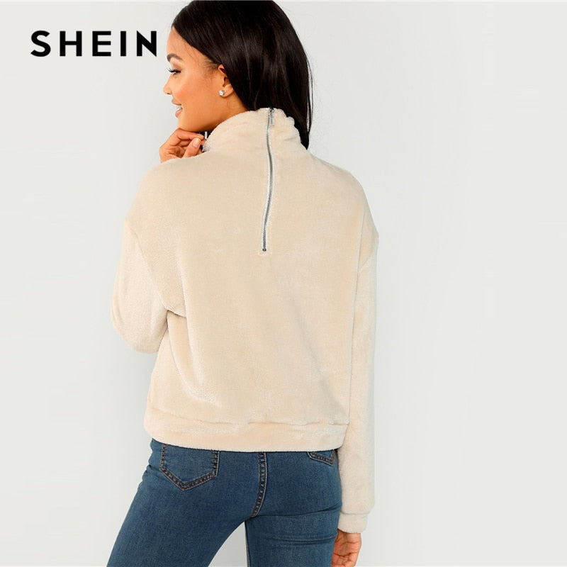 SHEIN Apricot Modern Lady Elegant High Neck Faux Fur Belted Solid Pullover Sweatshirt Winter Minimalist Casual Women Sweatshirts