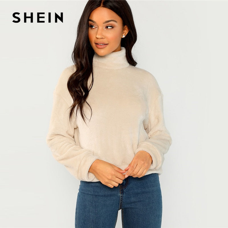 SHEIN Apricot Modern Lady Elegant High Neck Faux Fur Belted Solid Pullover Sweatshirt Winter Minimalist Casual Women Sweatshirts