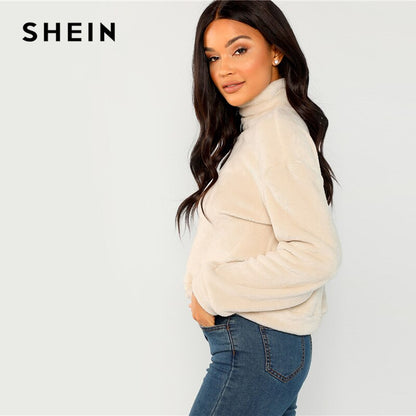SHEIN Apricot Modern Lady Elegant High Neck Faux Fur Belted Solid Pullover Sweatshirt Winter Minimalist Casual Women Sweatshirts