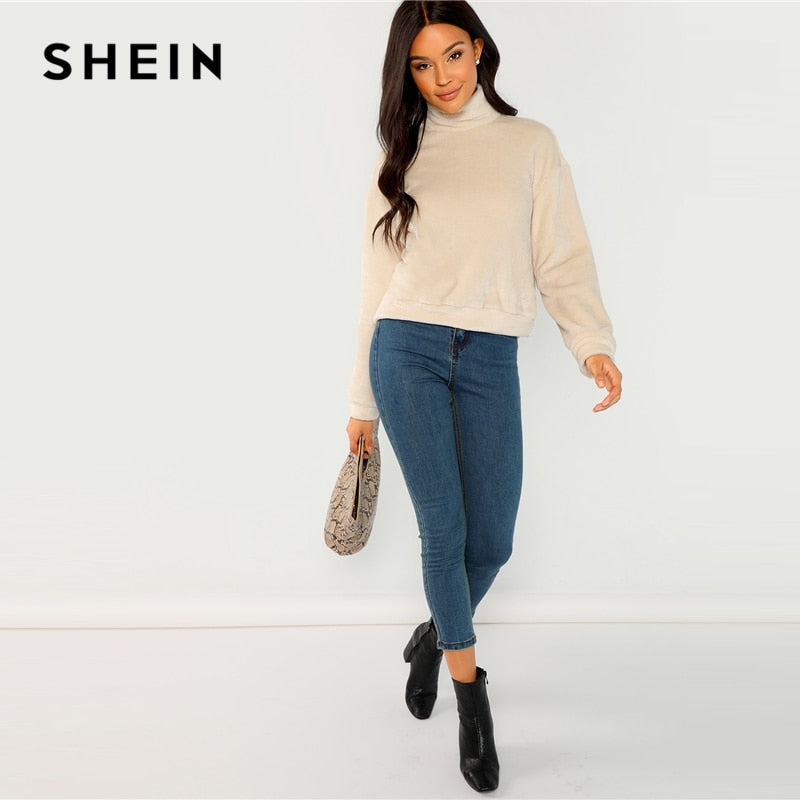 SHEIN Apricot Modern Lady Elegant High Neck Faux Fur Belted Solid Pullover Sweatshirt Winter Minimalist Casual Women Sweatshirts