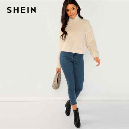 SHEIN Apricot Modern Lady Elegant High Neck Faux Fur Belted Solid Pullover Sweatshirt Winter Minimalist Casual Women Sweatshirts