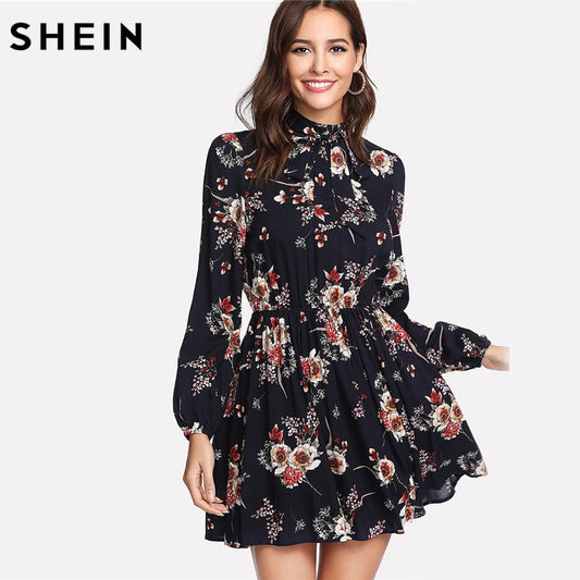 SHEIN Women's Floral Multicolor Dress Elegant Long Sleeve High Waist A Line Chic Dress Ladies Tie Neck Dress