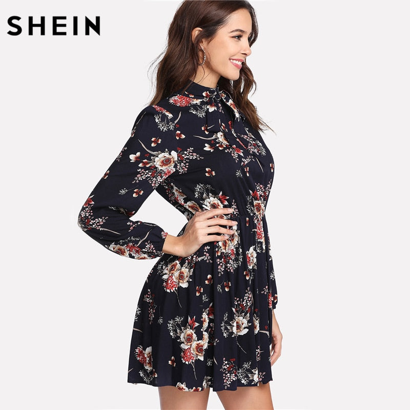 SHEIN Women's Floral Multicolor Dress Elegant Long Sleeve High Waist A Line Chic Dress Ladies Tie Neck Dress