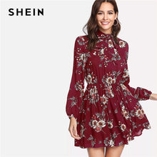 Load image into Gallery viewer, SHEIN Women&#39;s Floral Multicolor Dress Elegant Long Sleeve High Waist A Line Chic Dress Ladies Tie Neck Dress
