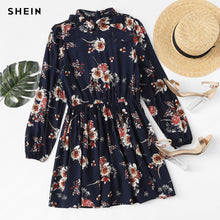 Load image into Gallery viewer, SHEIN Women&#39;s Floral Multicolor Dress Elegant Long Sleeve High Waist A Line Chic Dress Ladies Tie Neck Dress
