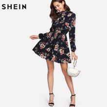Load image into Gallery viewer, SHEIN Women&#39;s Floral Multicolor Dress Elegant Long Sleeve High Waist A Line Chic Dress Ladies Tie Neck Dress
