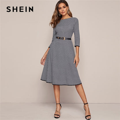 SHEIN Black And White Houndstooth Elegant Dress Without Belt Women 2020 Spring 3/4 Length Sleeve Ladies A Line Midi Dresses