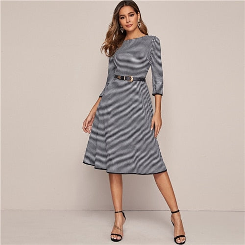 SHEIN Black And White Houndstooth Elegant Dress Without Belt Women 2020 Spring 3/4 Length Sleeve Ladies A Line Midi Dresses