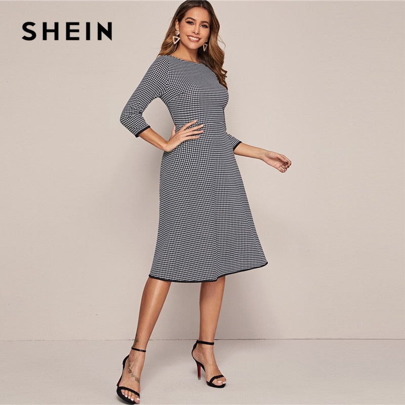 SHEIN Black And White Houndstooth Elegant Dress Without Belt Women 2020 Spring 3/4 Length Sleeve Ladies A Line Midi Dresses