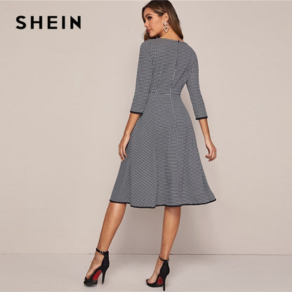 SHEIN Black And White Houndstooth Elegant Dress Without Belt Women 2020 Spring 3/4 Length Sleeve Ladies A Line Midi Dresses